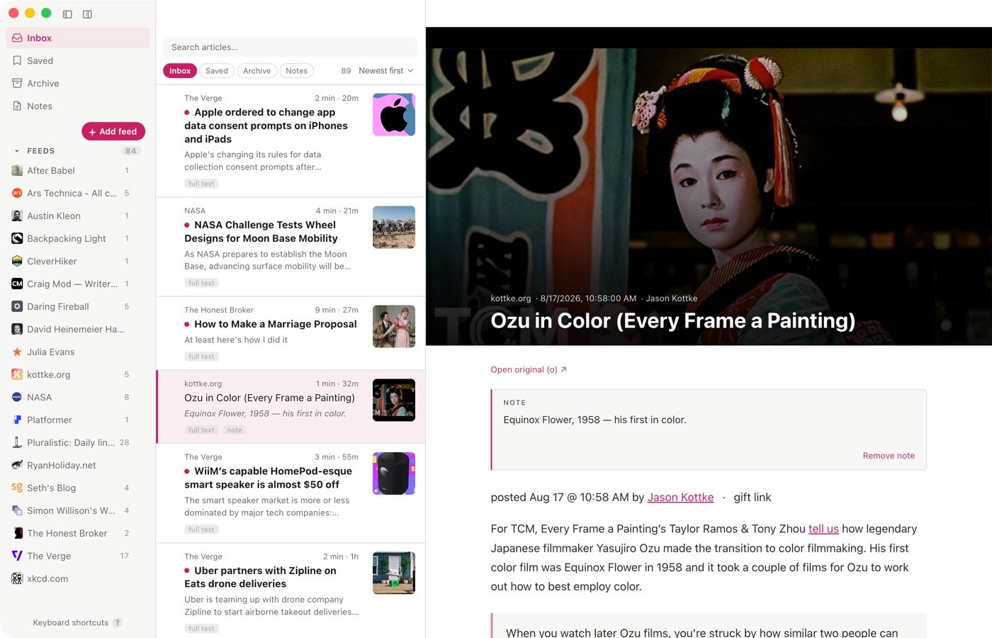 The new feed in the sidebar, with its articles in the Inbox.