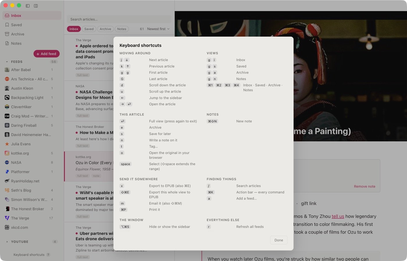 The keyboard shortcuts sheet, opened with the question-mark key.