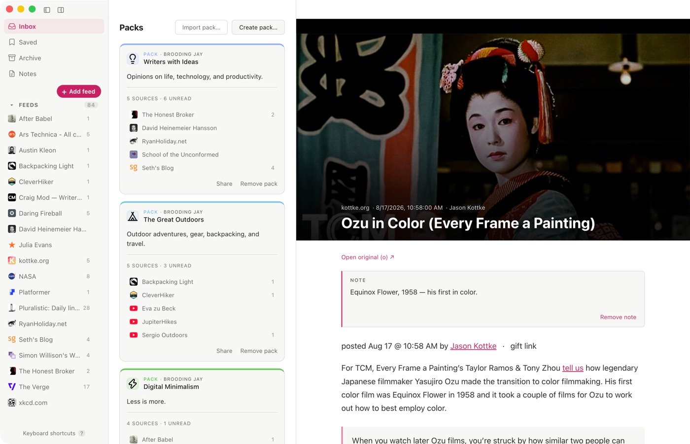 The Packs view: the bundled packs, each listing its sources and unread counts, with Import pack and Create pack above.