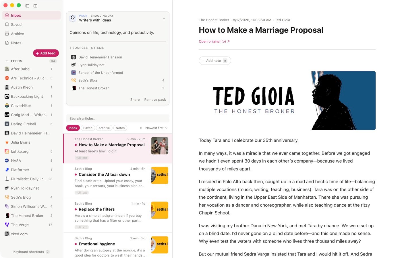 A pack announcing itself as a card above its articles, listing its sources.