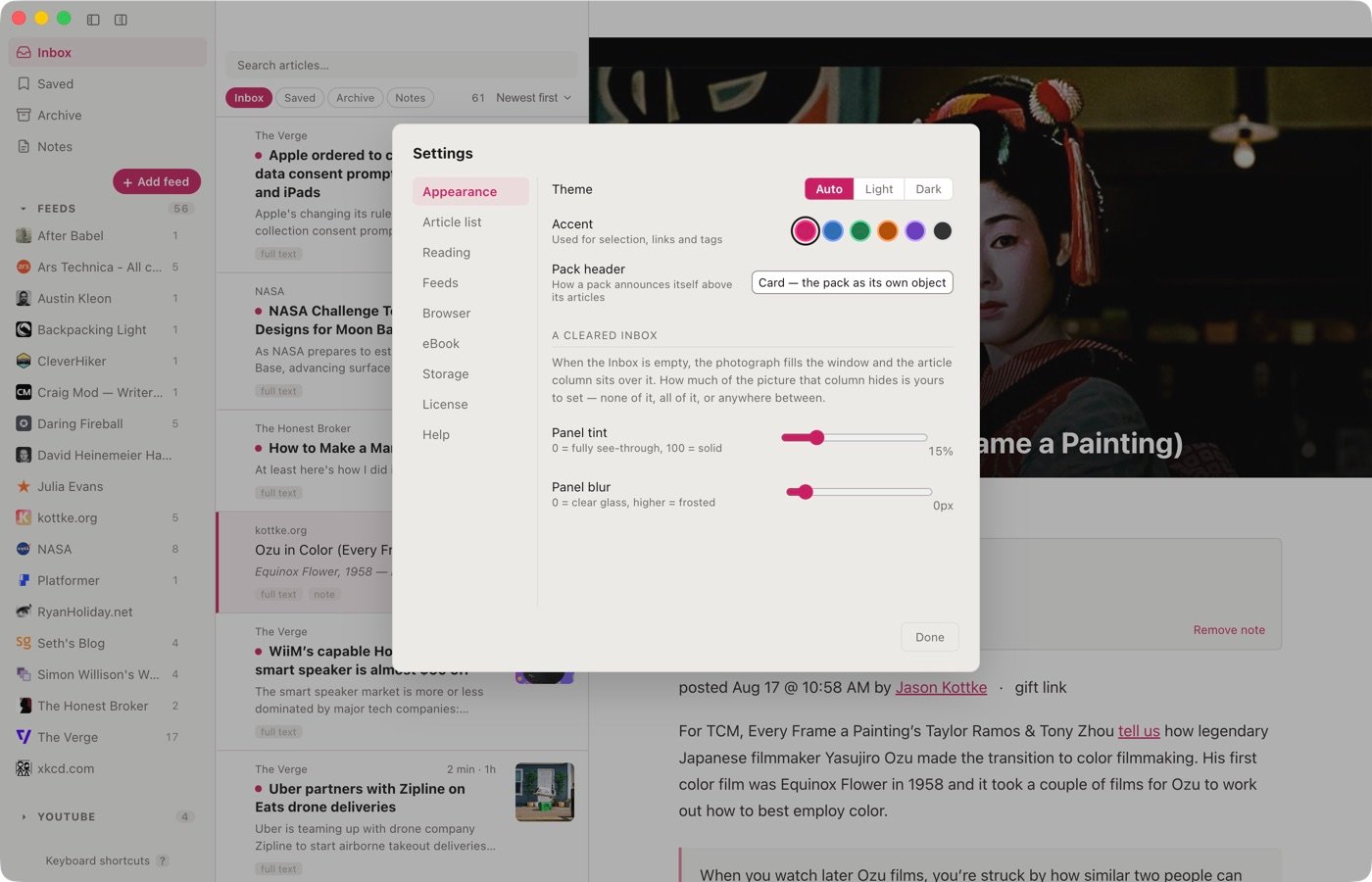 Settings, Appearance tab: theme, accent, pack header, and the cleared-Inbox panel controls.
