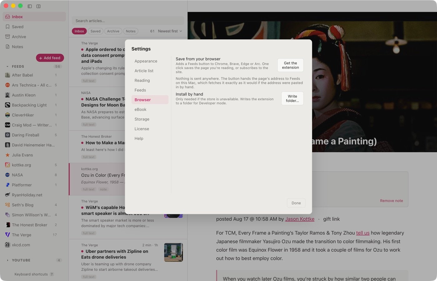 Settings, Browser tab: Get the extension, and Write folder for installing by hand.