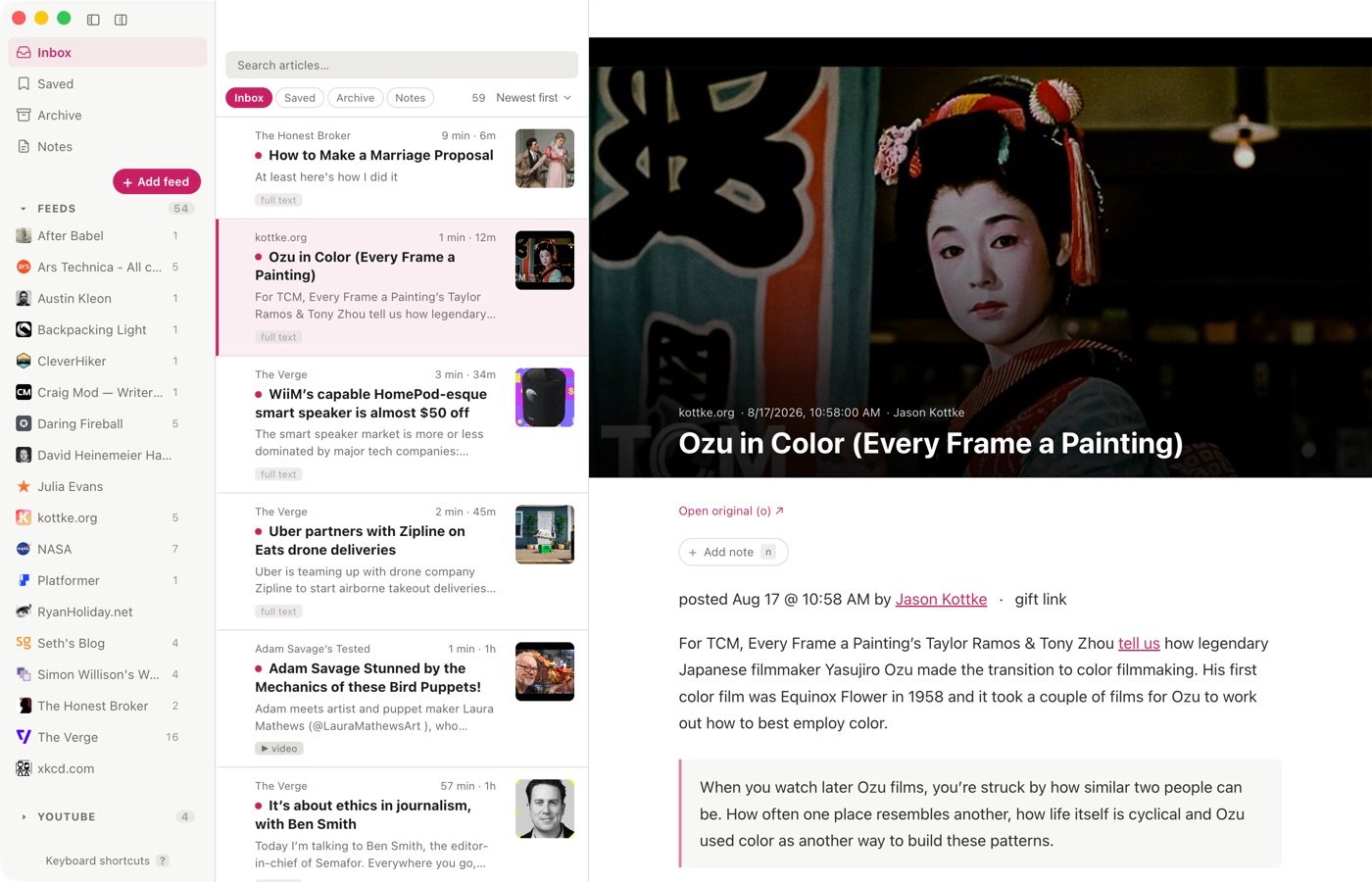 The Feeds inbox: subscriptions on the left, the article list in the middle, and the open article beside it.