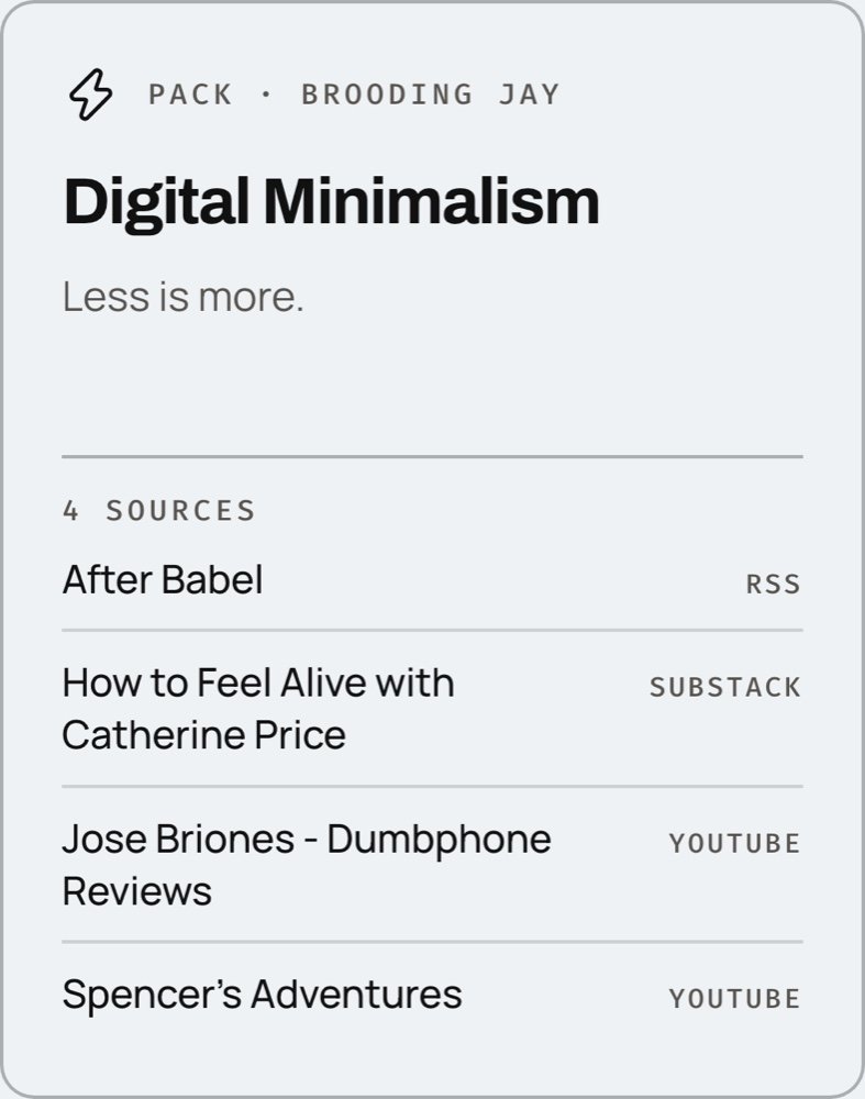 Digital Minimalism, a Pack of four feeds: After Babel, How to Feel Alive with Catherine Price, Jose Briones - Dumbphone Reviews, and Spencer's Adventures.