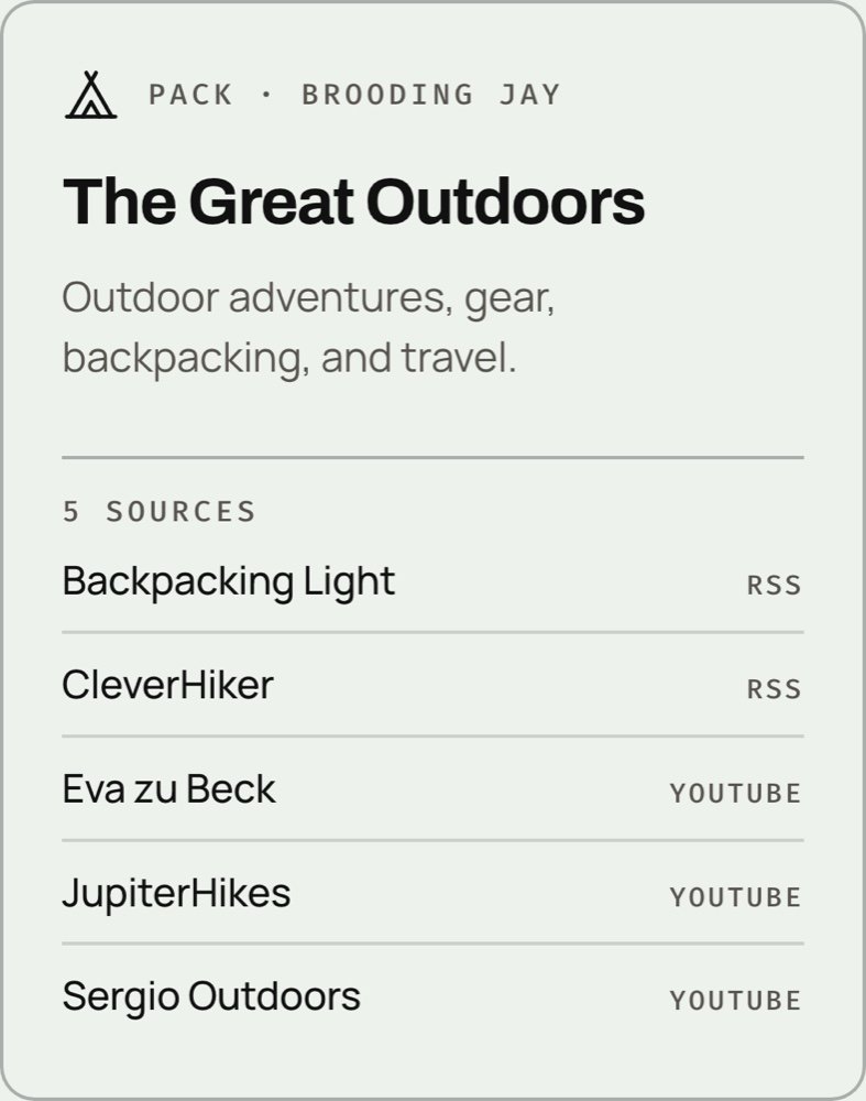 The Great Outdoors, a Pack of five feeds: Backpacking Light, CleverHiker, Eva zu Beck, JupiterHikes, and Sergio Outdoors.