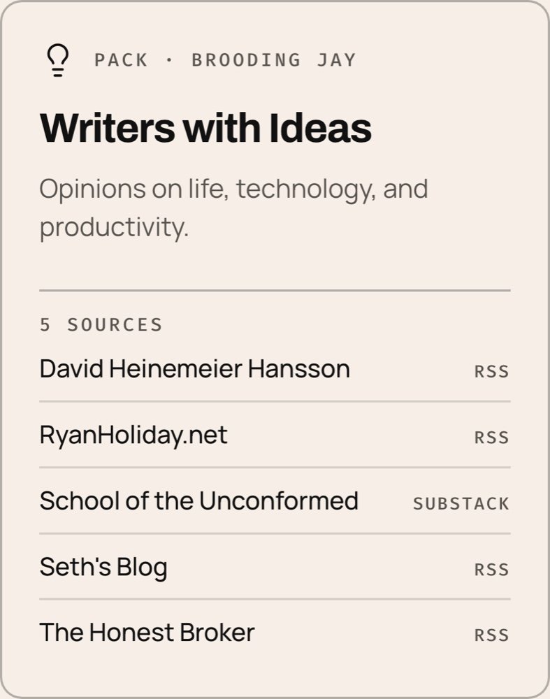 Writers with Ideas, a Pack of five feeds: David Heinemeier Hansson, RyanHoliday.net, School of the Unconformed, Seth's Blog, and The Honest Broker.